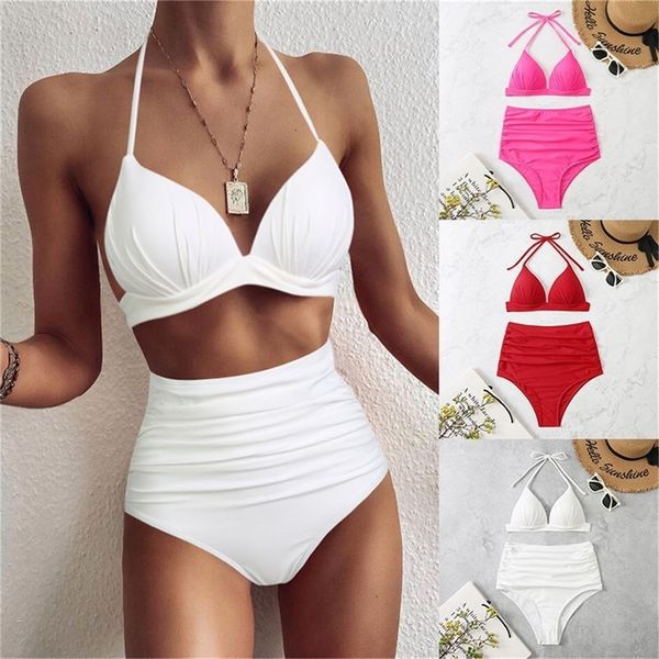 

solid color bikini hanging neck steel bra high waist ruffle beach resort style swimsuit lace up backless split super bikini 220622, White;black