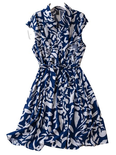 

plus allover print ruffle trim belted dress p8nj#, Black