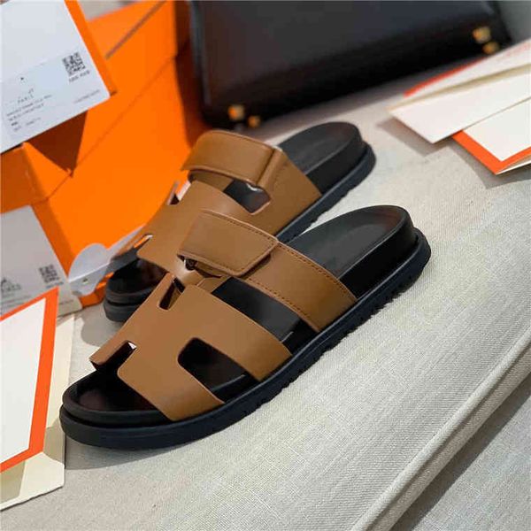 

slipper paris h herme women chypre slippers summer 2022 dad sandals cute h beach shoes couple leather magic buckle, Black
