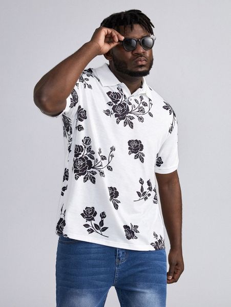 

extended sizes men floral print polo shirt s2wt#, White;black