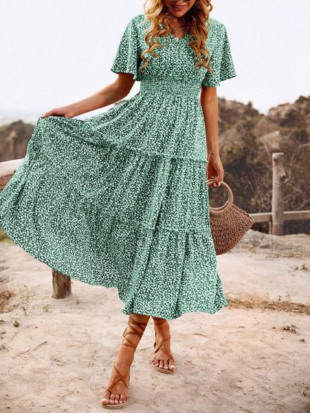 

ditsy floral shirred flutter sleeve ruffle hem dress z13c#, Black;gray