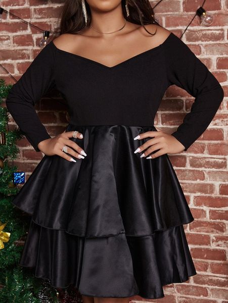 

plus off shoulder two layer hem dress p9ue#, Black