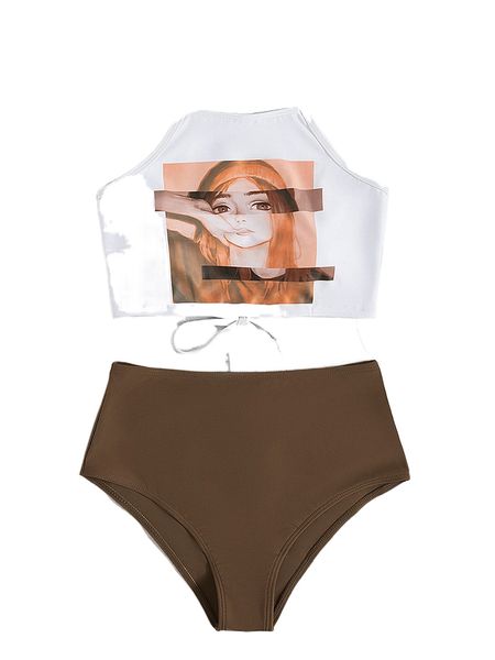 

figure graphic high waisted bikini swimsuit o2u6#, White;black