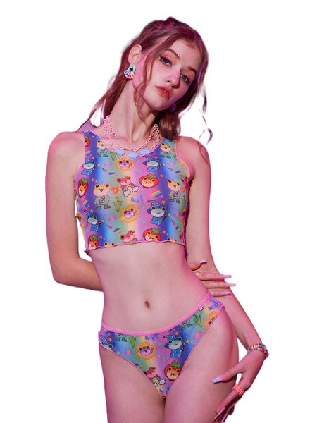 

romwe anime cartoon frog print lettuce trim lingerie set l5nz#, Black;red