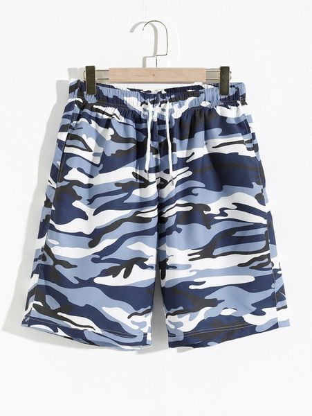 

men camo print drawstring waist shorts i2c3#, White;black