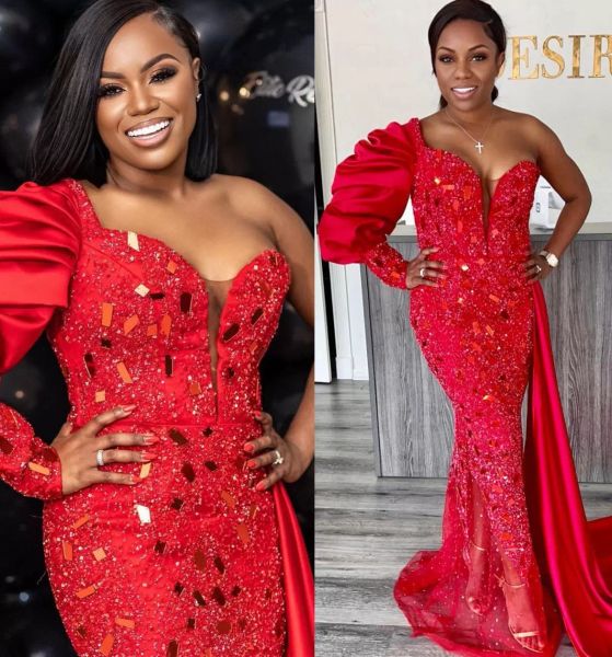 

luxury red prom dresses one shoulder long sleeves tulle crystals mermaid custom made plus size evening party gown high low high neck celebri, Black