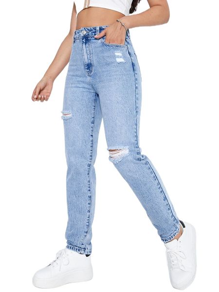 

ripped straight leg jeans p1a1#, Blue