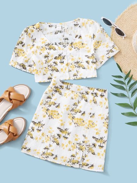 

girls floral print single breasted crop blouse & skirt set she, White