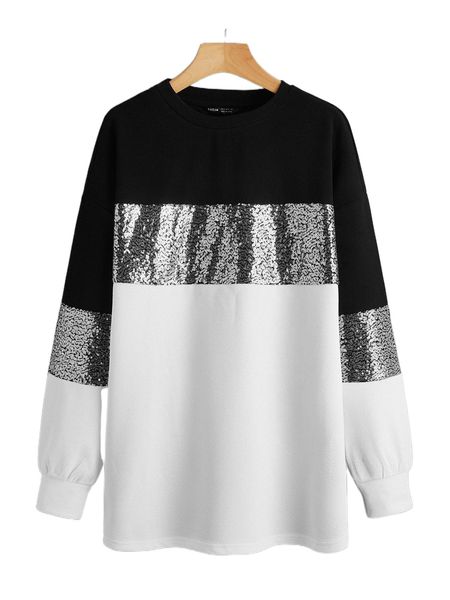 

contrast sequin panel colorblock longline pullover y7rp#, Black