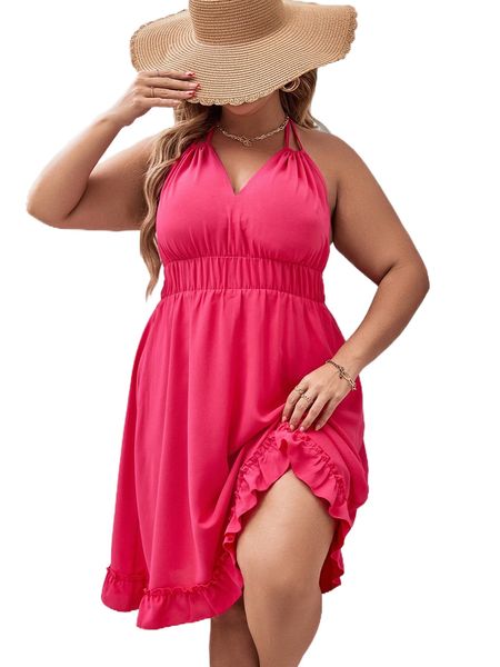 

plus tie backless ruffle hem halter dress d709#, Black