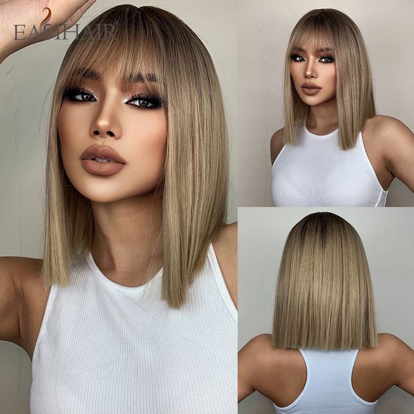 

lx brand brown to blonde ombre synthetic hair wigs short bob natural wigs with bangs for women heat resistant cosplay wigsfactory direct, Black