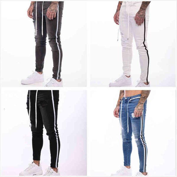 

men's jeans men's four color slim hole leggings youth casual tethered jeans pants zrkz, Blue