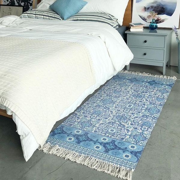 Teppiche Hoher blauer und weißer Blumen-Design-Tessel-Rand-Baumwollteppich für Nachttisch-Wohnzimmer Tapetes Para Casa Sala Tapis SalonCarpets