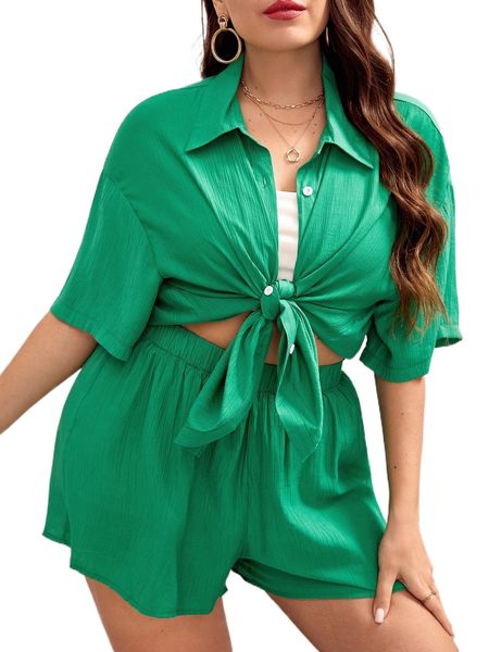 

plus drop shoulder shirt & shorts n6ao#, Black