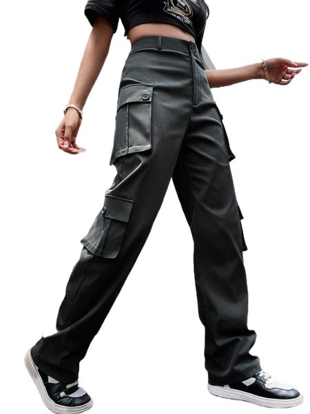 

high waist flap pocket cargo pants h7v3#, Black;white