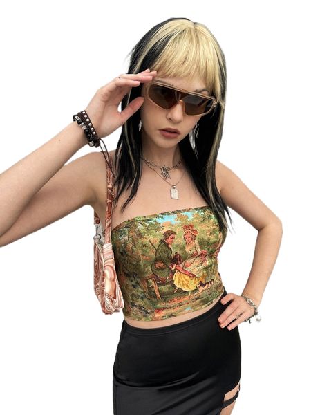 

figure graphic backless crop tube q9x3#, White