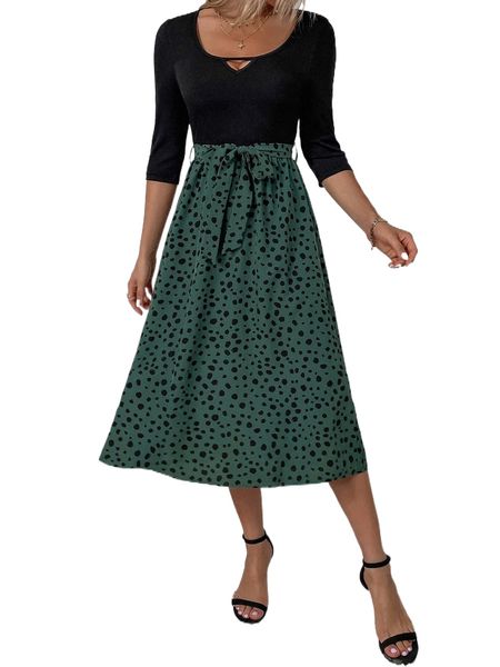

dalmatian print cut out detail belted dress h0kf#, Black;gray