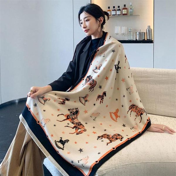 

scarves luxury design thick winter cashmere scarf women wraps horse star pashmina shawls ladies warm hijab blanket female bufanda 286l, Blue;gray