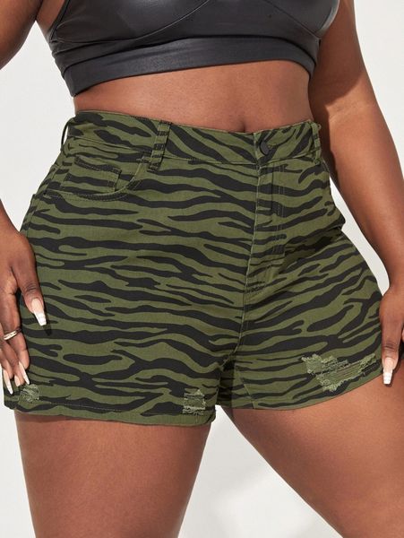 

sxy plus zebra striped ripped denim shorts t914#, White;black