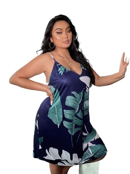 

plus tropical print cami nightdress 55j2#, Black;white