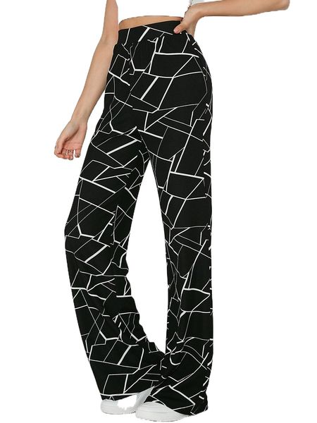 

allover geo print high waist pants 75bx#, Black;white