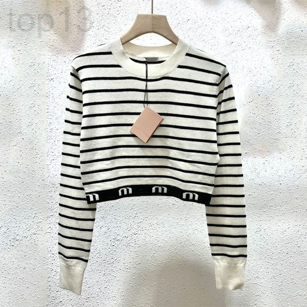 

women's knits & tees designer spring 22 new miao miu family black and white stripe letter jacquard short coat sweater round neck long s