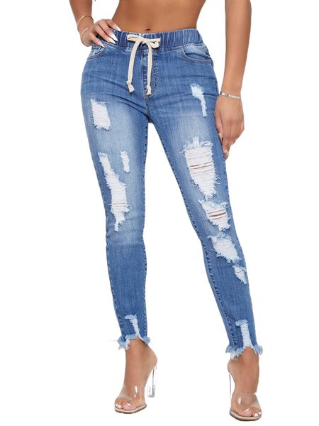

sxy drawstring waist ripped frayed hem skinny jeans 98y3#, Blue