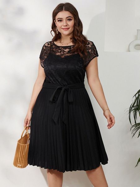 

plus lace insert pleated hem belted dress h5gt#, Black