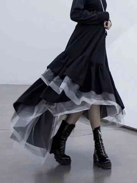 

skirts black and white checkered patchwork irregular mesh skirt in autumn