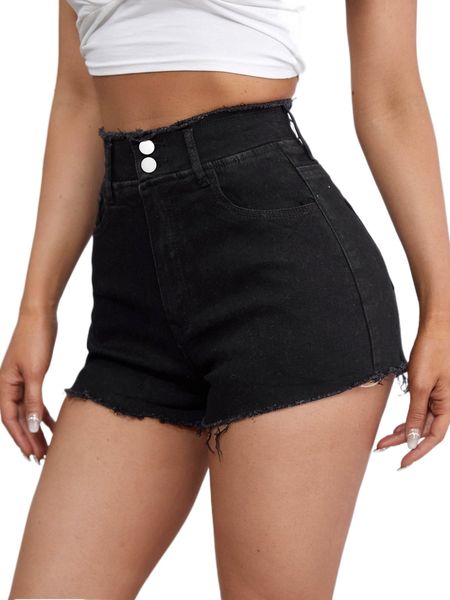

high waist raw trim denim shorts k6k7#, White;black