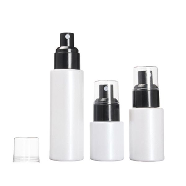 Leere perlweiße Glasflasche, flache Schulter, schwarzer Deckel, schwarze Spary-Lotion-Presspumpe mit Deckel, tragbarer, nachfüllbarer Kosmetikverpackungsbehälter, 20 ml, 30 ml, 60 ml, 100 ml