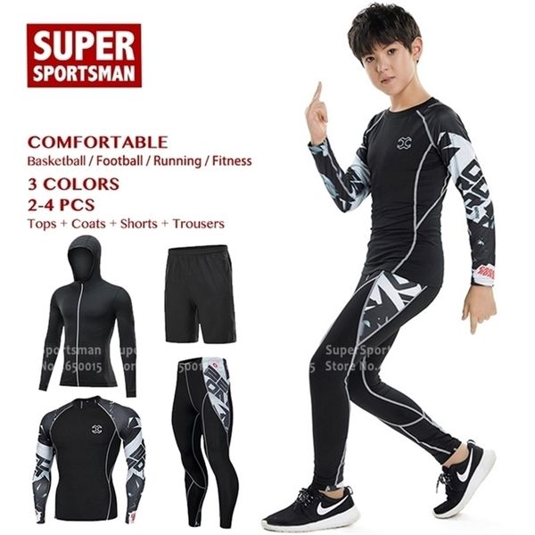 

children fitness tights gym clothing kids leggings running tracksuit men training jogging suits sports workout compression sets 201210, Gray