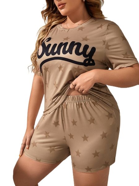 

plus star & letter graphic pajama set f5h1#, Black;white