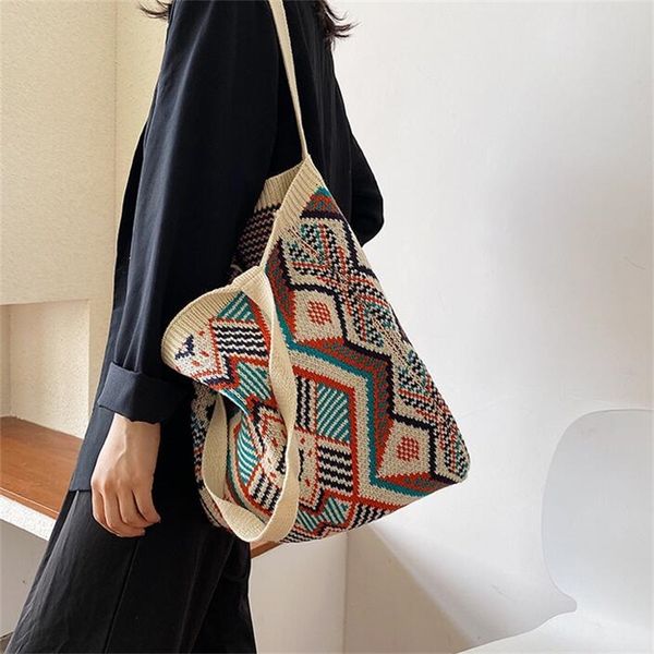 

lady knitting gypsy bohemian boho chic aztec tote women het woolen open shopper andle bag female daily handbag 220804