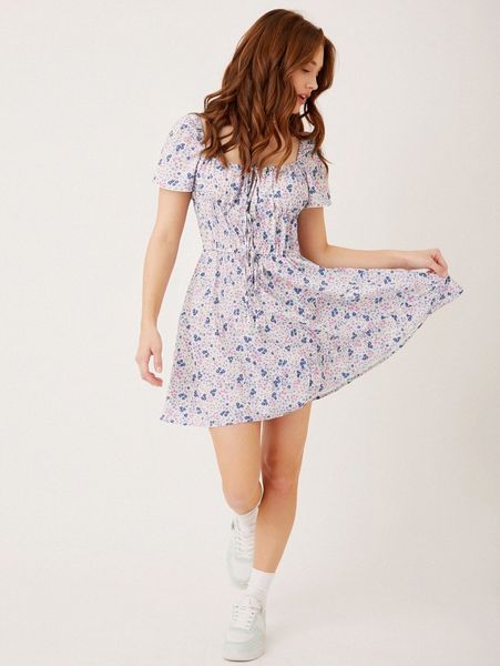 

ditsy floral ruched bust knotted dress 02vi#, Black;gray