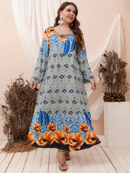 

plus floral print scoop neck tee dress y3fm#, Black