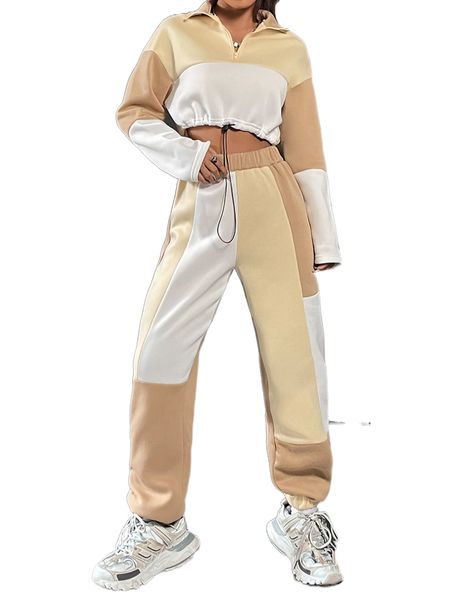 

two tone drop shoulder drawstring sweatshirt & sweatpants 92lb#, White