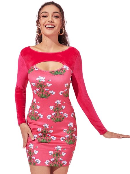 

x hiba floral print cut out bodycon dress o42g#, Black;gray