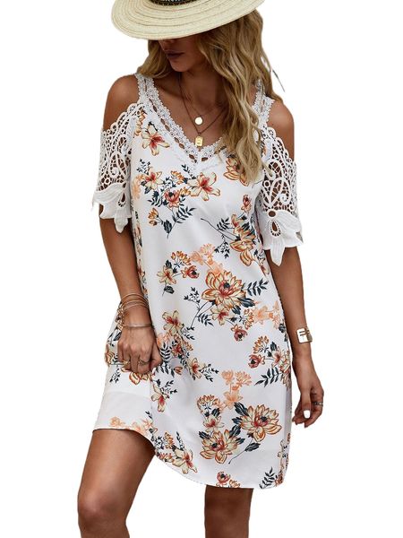

floral print guipure lace panel cold shoulder tunic dress 81c4#, Black;gray