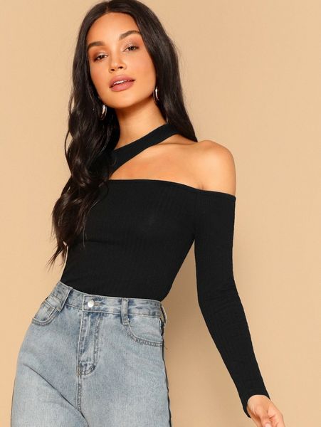 

ribbed cutout asymmetrical neck l4km#, White