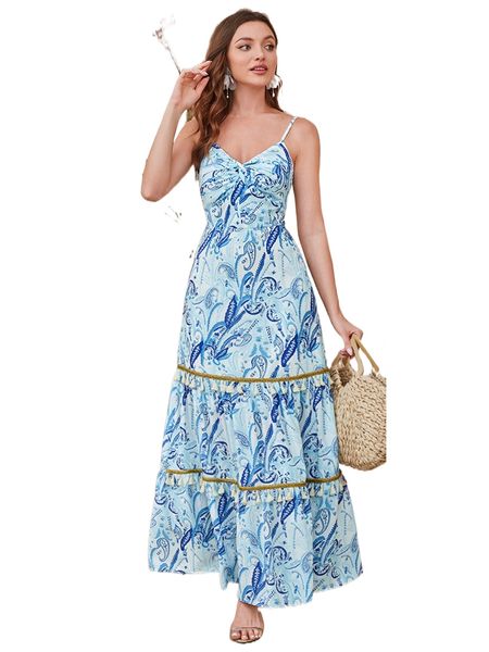

paisley print twist front tassel trim cami dress o1r1#, Black;gray