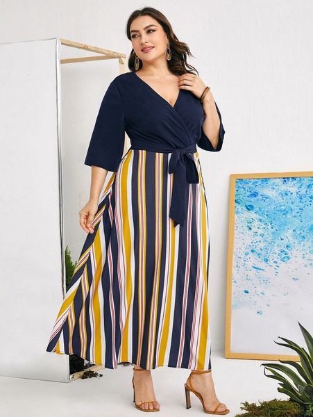 

plus striped surplice neck belted dress n4wb#, Black