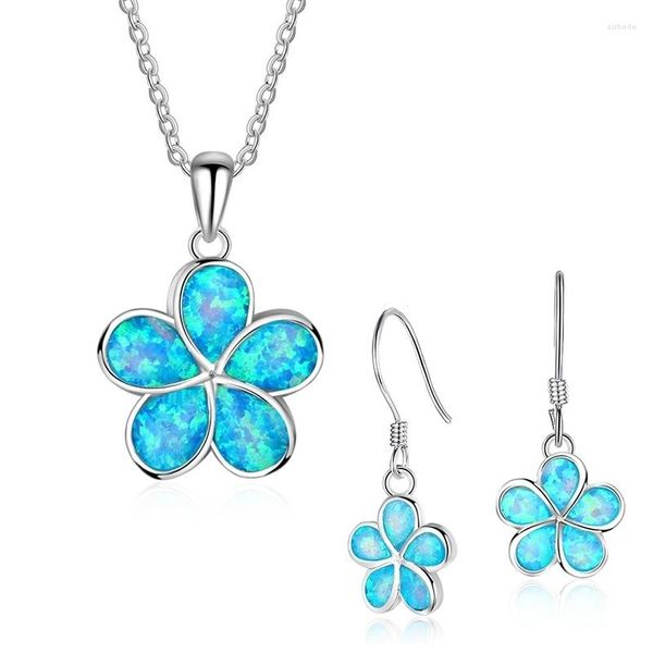 Ohrringe Halskette Nette Frauen Blume Blau Nachahmung Feuer Opal Mit Für Zubehör Mode Schmuck Set Liebhaber GeschenkOhrringe
