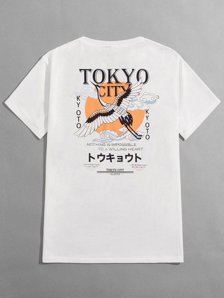 

men japanese and crane print tee x76x#, White;black