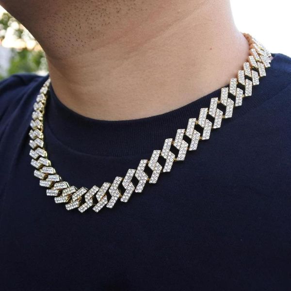 

chokers 15mm men's hip hop necklace miami cuban curb link chain 2 tone red black blue crystal iced out punk rapper singer row cz, Golden;silver