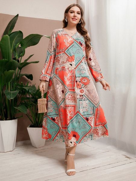 

plus floral & scarf print dress d91d#, Black