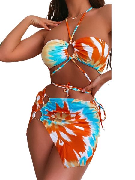

tie dye ring linked halter bikini swimsuit with beach skirt 51ib#, White;black