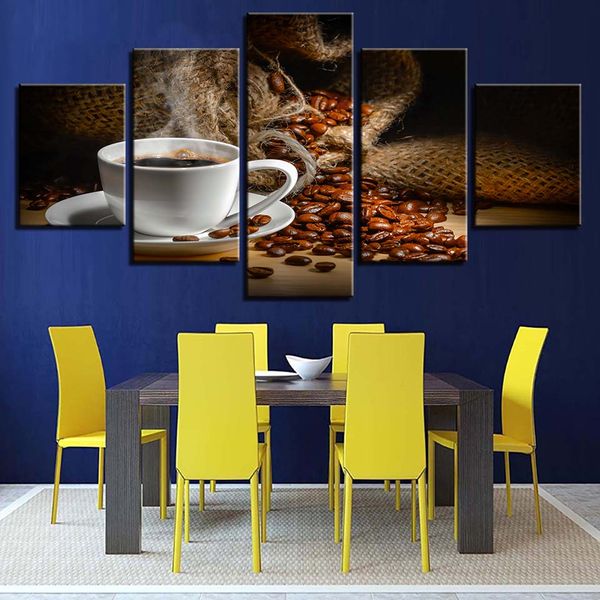 Stark bitterer Kaffee und Kaffeebohnen, Leinwand, HD-Druck, Poster, Heimdekoration, Wandkunst, Bilder, 5-teiliges Kunstgemälde, ohne Rahmen