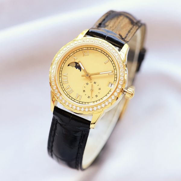 

ladies waterproof watch luminous mechanical self-winding movement sapphire surface leather strap stainless steel case ceramic dial thickness, Slivery;golden