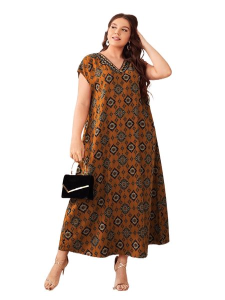 

plus damask print contrast geo tape dolman sleeve tunic dress 41kt#, Black